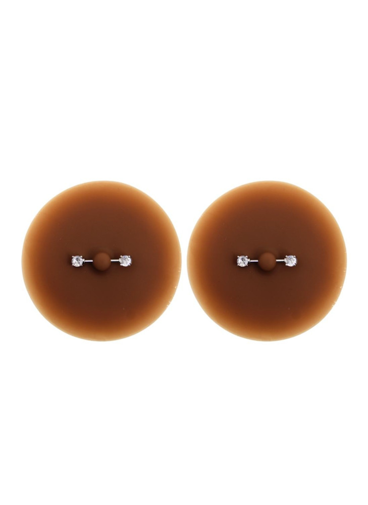 Paire de cache-tétons piercing barre faux diamant peau foncée - XP001F